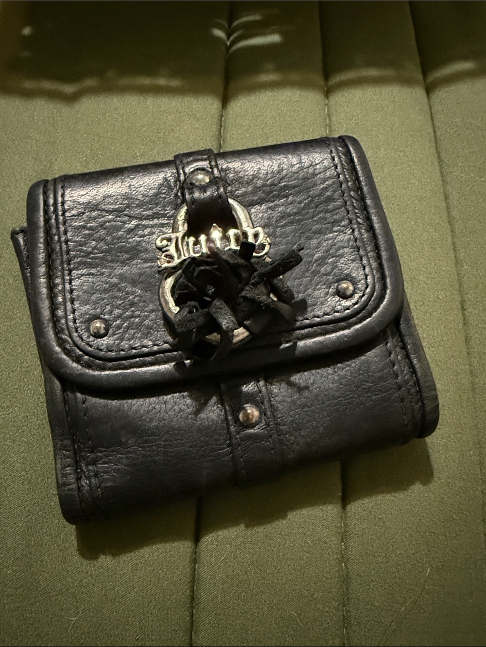 Juicy Couture Black Leather Trifold Wallet with Logo Charm